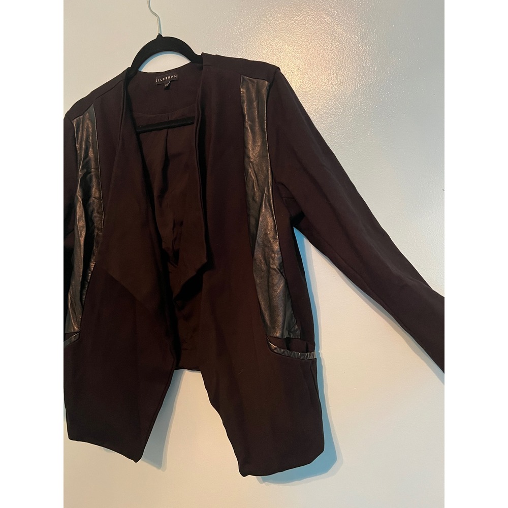 Quiet Luxury Draped Open Jacket Ellerman Black Faux Leather Trim Spanx 14